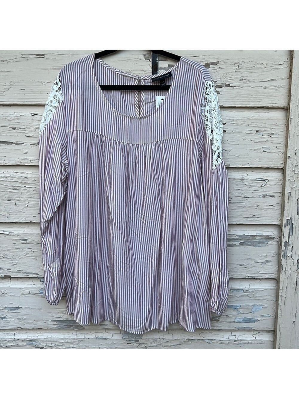 Lane Bryant Striped Crochet Shoulder BoHo Tunic Blouse Top Shirt 14/16 H5